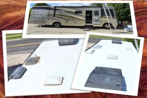 A collage of photos showcasing the interior of an RV, highlighting living spaces, kitchen, and sleeping areas.